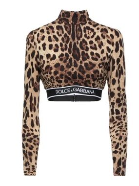 Dolce & Gabbana Leopard-Print Long Sleeve Crop Top in Tan & Black